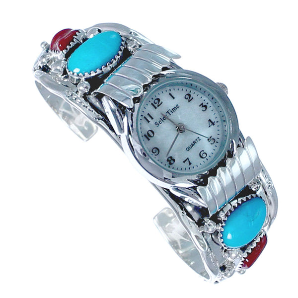 Navajo Flower Design Turquoise and Coral Sterling Silver Cuff Watch CB118258